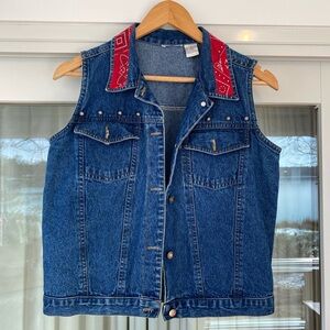 Upcycled Denim Vest with Red Bandana Collar